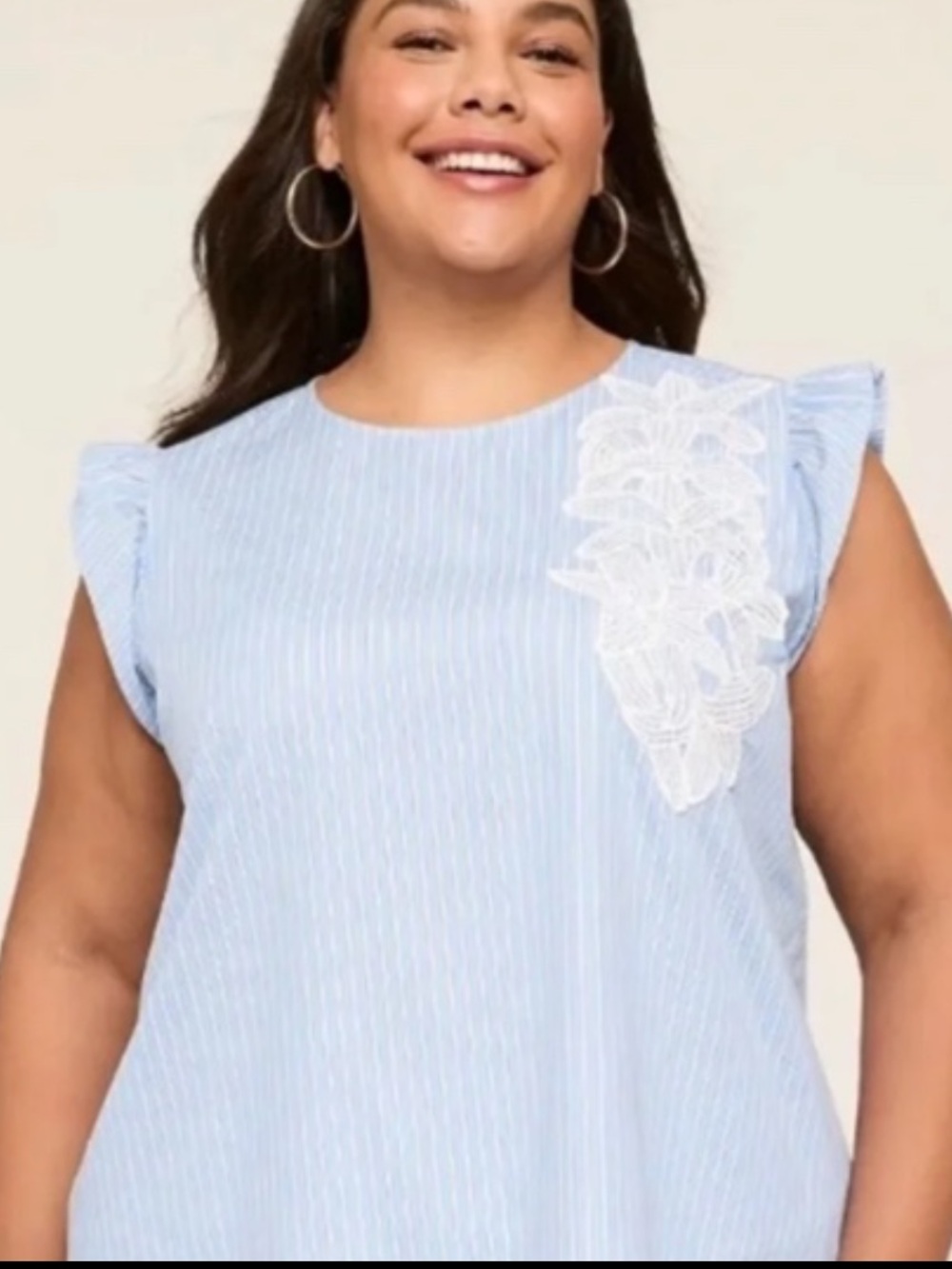 Lane Bryant Blouse Size 18 Blue Stripe Floral Embroidered Flutter Sleeve NEW